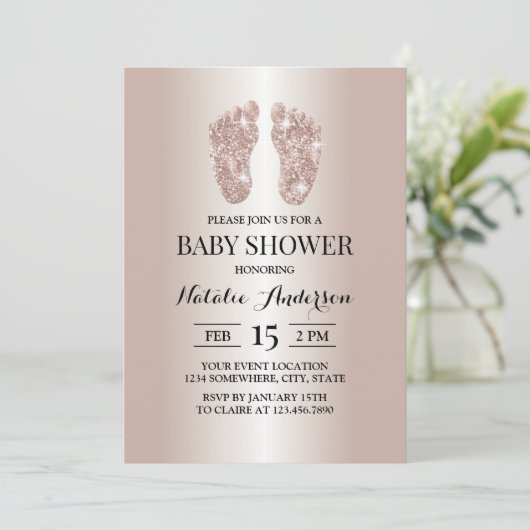 Moderne Roos Gold Glitter Baby Feet Baby shower Kaart (Staand voorkant)