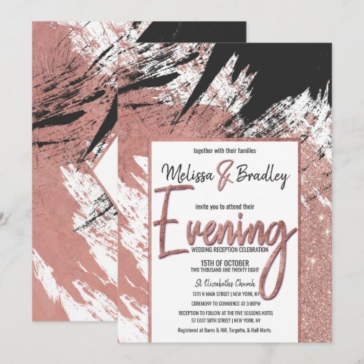 Moderne Roos Gold Glitter Black Borstel Evening Kaart (Voorkant / Achterkant)