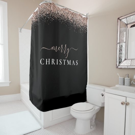 Moderne Roos Gold Glitter Black Kerst Douchegordijn (In situ)