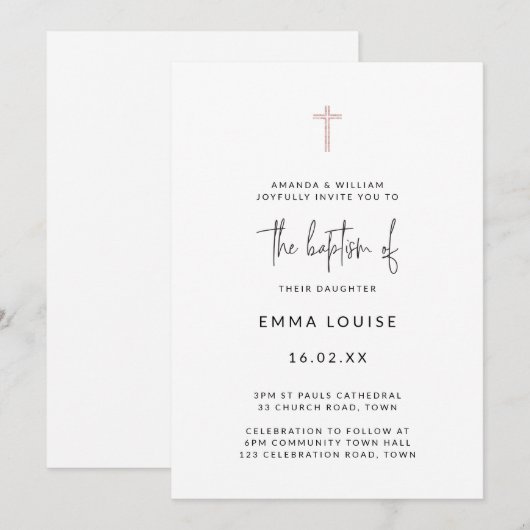 Moderne Roos Gold Glitter Cross-Handwrite Baptisme Kaart (Voorkant / Achterkant)