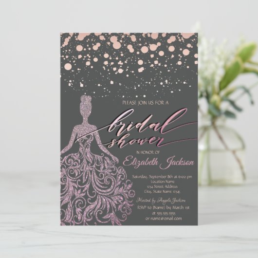 Moderne Roos Gold Glitter Dress Stippen Vrijgezell Kaart (Staand voorkant)