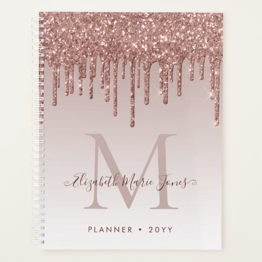 Moderne Roos Gold Glitter Drift elegant monogram Planner (Voorkant)