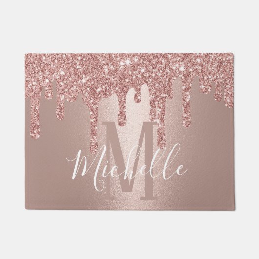 Moderne Roos Gold Glitter Drift Monogram Naam Deurmat (Voorkant)