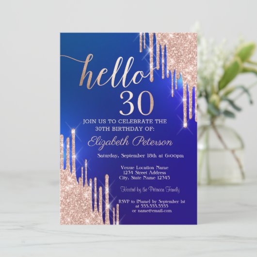 Moderne Roos Gold Glitter Drips Blue 30th Birthday Kaart (Staand voorkant)