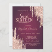 Moderne Roos Gold Glitter Drips Burgundy Sweet 16 Kaart (Voorkant)