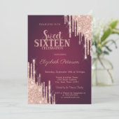 Moderne Roos Gold Glitter Drips Burgundy Sweet 16 Kaart (Staand voorkant)
