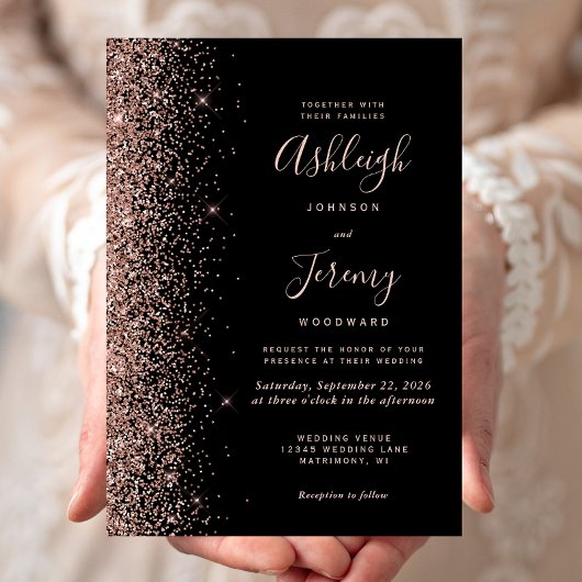 Moderne Roos Gold Glitter Edge Black Wedding Kaart