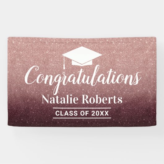 Moderne Roos Gold Glitter Graduation Party Spandoek (Horizontaal)