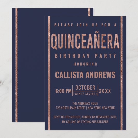 Moderne Roos Gold Glitter Lijst Quinceañera Kaart (Voorkant / Achterkant)