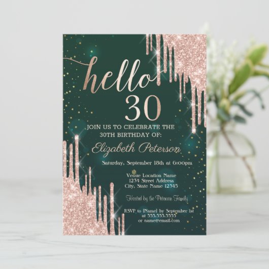 Moderne Roos Gold Glitter maakt groen 30e verjaard Kaart (Staand voorkant)