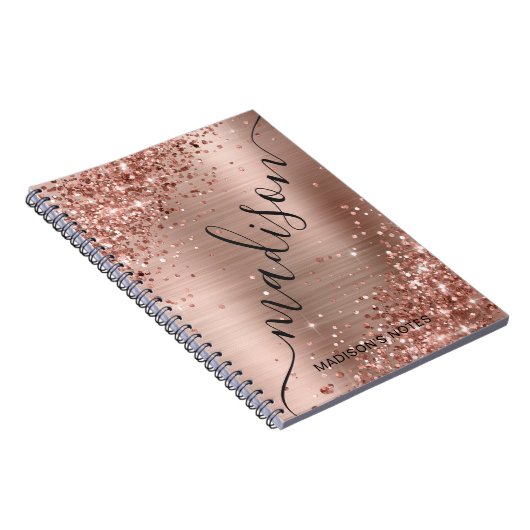 Moderne Roos Gold Glitter Metallic Monogram Script Notitieboek (Rechterzijde)
