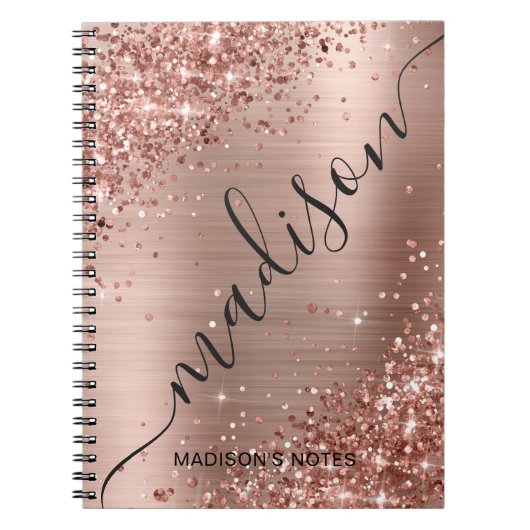 Moderne Roos Gold Glitter Metallic Monogram Script Notitieboek (Voorkant)