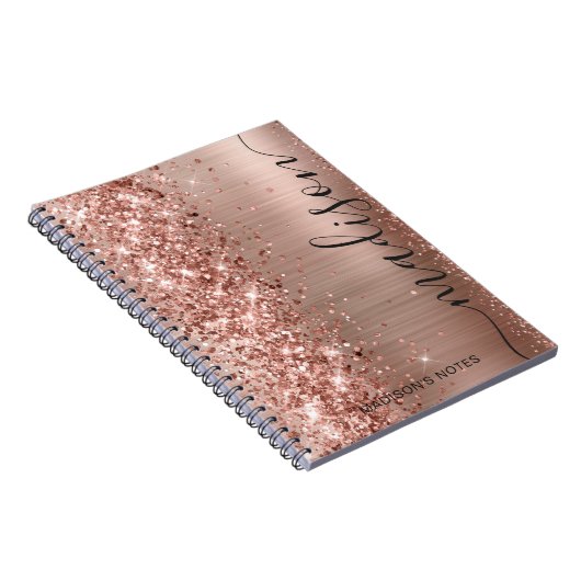 Moderne Roos Gold Glitter Metallic Monogram Script Notitieboek (Rechterzijde)