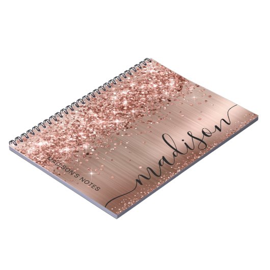 Moderne Roos Gold Glitter Metallic Monogram Script Notitieboek (Linkerzijde)