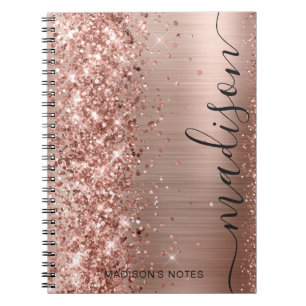 Moderne Roos Gold Glitter Metallic Monogram Script Notitieboek