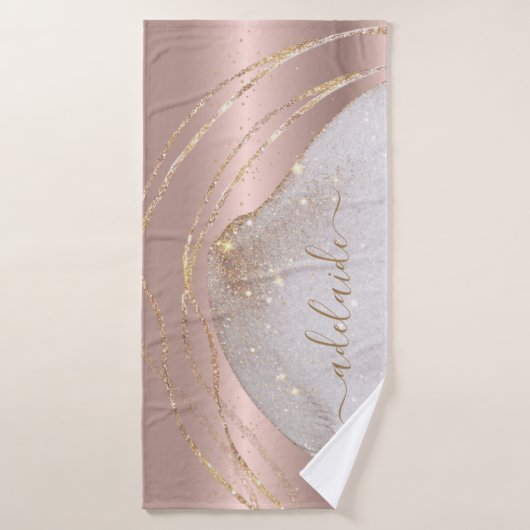 Moderne Roos Gold Glitter Monogram Chic Script Nam Badhanddoek (Badhanddoek)