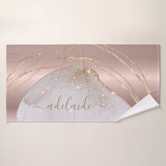 Moderne Roos Gold Glitter Monogram Chic Script Nam Badhanddoek (Badhanddoek)