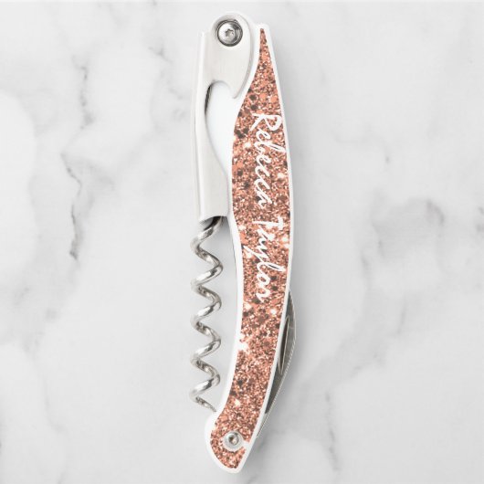 Moderne Roos Gold Glitter Monogram Fles Corkschroe Kurkentrekker (Voorkant)