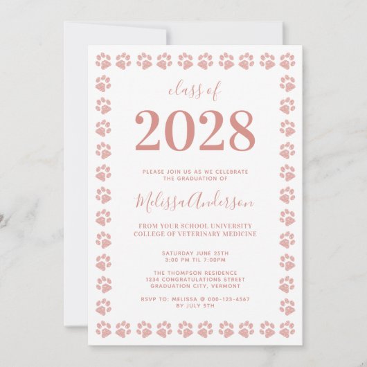 Moderne Roos Gold Glitter Paw Prints Afstuderen Kaart (Voorkant)