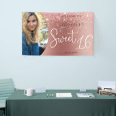 Moderne Roos Gold Glitter Photo Sweet 16 Banner (Beurs)