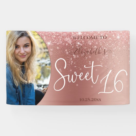 Moderne Roos Gold Glitter Photo Sweet 16 Banner (Horizontaal)
