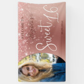 Moderne Roos Gold Glitter Photo Sweet 16 Banner (Verticaal)