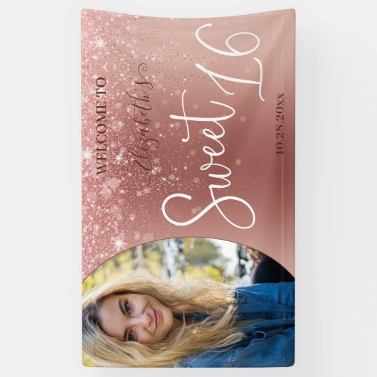 Moderne Roos Gold Glitter Photo Sweet 16 Banner (Verticaal)