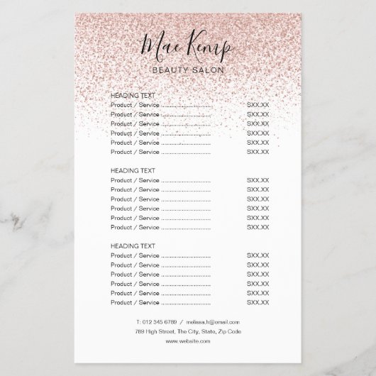 Moderne Roos Gold Glitter Salon Service Menu (Voorkant)