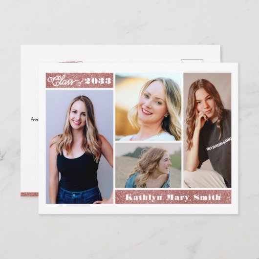 Moderne Roos Gold Glitter Script Chic 4 Foto AFSTU Uitnodiging Briefkaart (Voorkant / Achterkant)