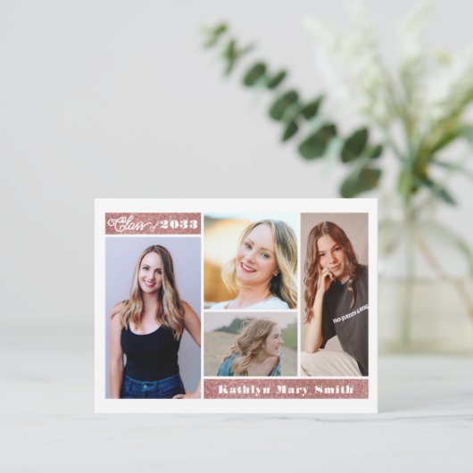 Moderne Roos Gold Glitter Script Chic 4 Foto AFSTU Uitnodiging Briefkaart (Staand voorkant)