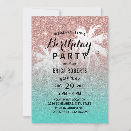 Moderne Roos Gold Glitter Tropical Birthday Party Kaart (Voorkant)
