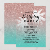 Moderne Roos Gold Glitter Tropical Birthday Party Kaart (Voorkant / Achterkant)