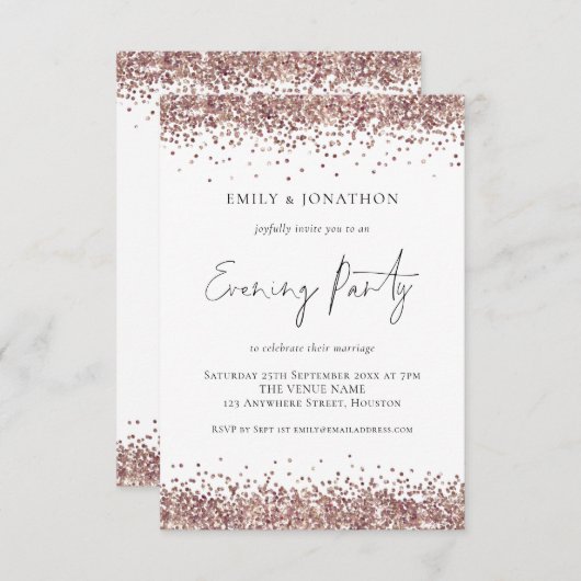 Moderne Roos Gold Glitter Wedding Evening Party Kaart (Voorkant / Achterkant)