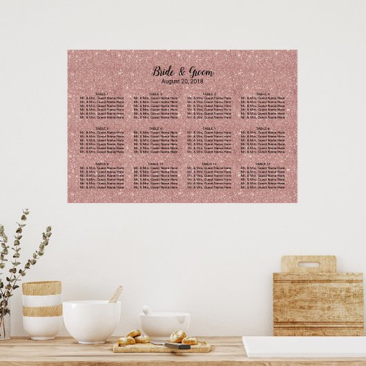 Moderne Roos Gold Glitter Wedding Seating Chart Poster (Keuken)