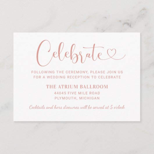 Moderne Roos Gold Heart Script Weddenschappen Informatiekaartje (Voorkant)