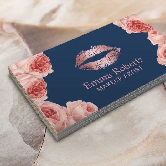 Moderne Roos Gold Lips Floral Makeup Artist Navy Visitekaartje