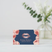 Moderne Roos Gold Lips Floral Makeup Artist Navy Visitekaartje (Staand voorkant)