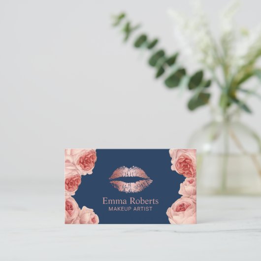Moderne Roos Gold Lips Floral Makeup Artist Navy Visitekaartje (Staand voorkant)