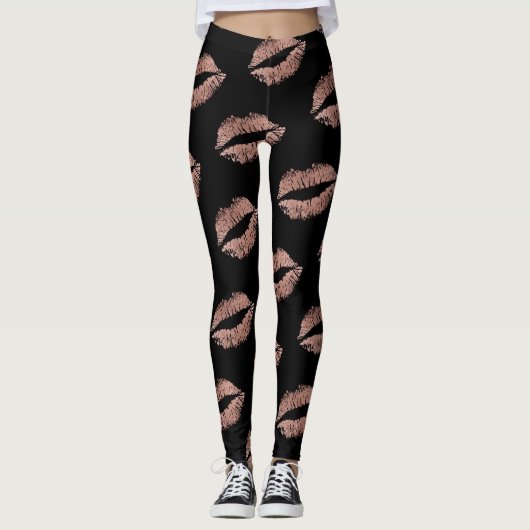 Moderne Roos Gold Lips Kiss Pattern Leggings (Voorkant)