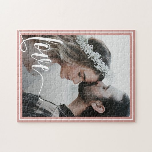Moderne Roos Gold Love Script Photo Valentijnsdag Legpuzzel (Horizontaal)