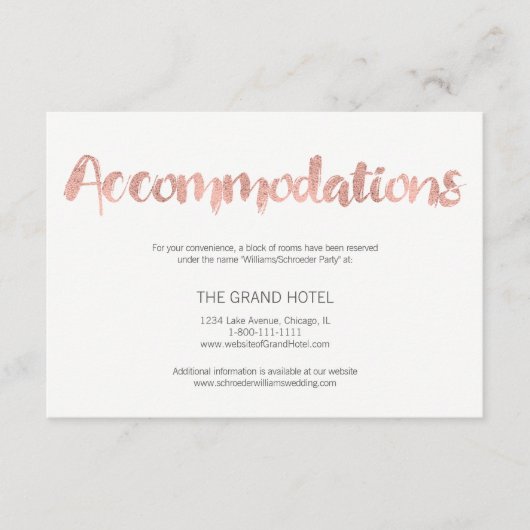 Moderne Roos Gold Love Wedding Accommodatie Card Informatiekaartje (Voorkant)