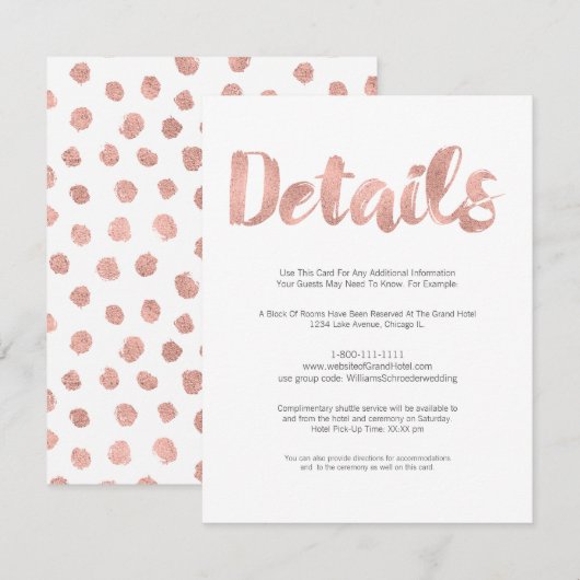 Moderne Roos Gold Love Wedding Details Kaart (Voorkant / Achterkant)
