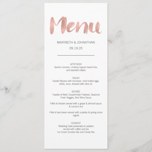 Moderne Roos Gold Love Wedding Menu Card (Voorkant)