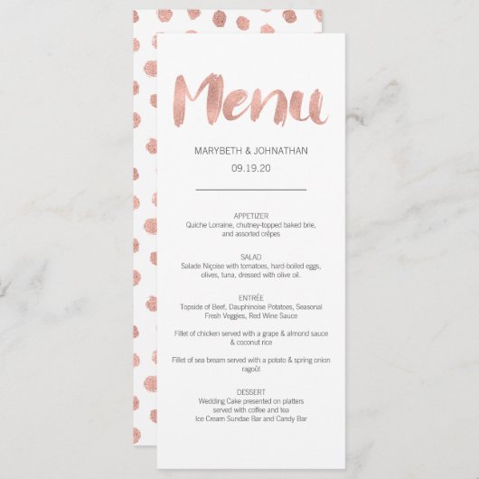Moderne Roos Gold Love Wedding Menu Card (Voorkant / Achterkant)