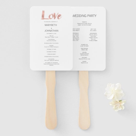 Moderne Roos Gold Love Wedding Program Fan Handwaaier (Voorkant en achterkant)