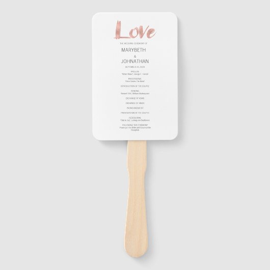 Moderne Roos Gold Love Wedding Program Fan Handwaaier (Voorkant)