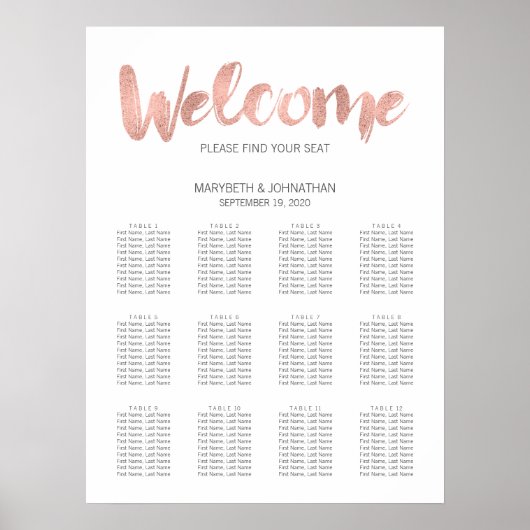Moderne Roos Gold Love Wedding Seating Chart Poster (Voorkant)