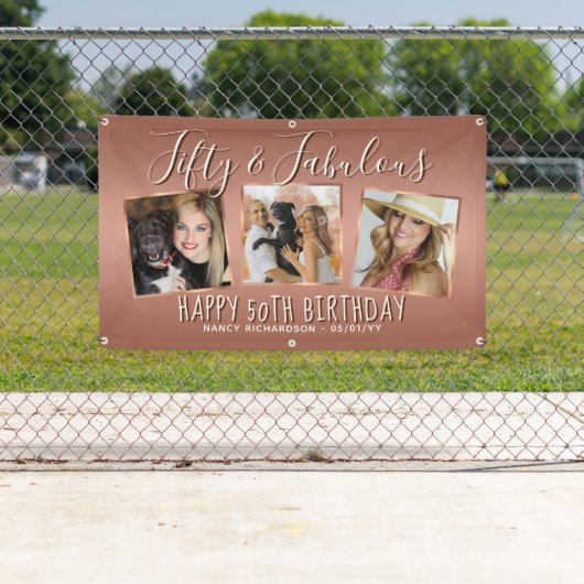 Moderne Roos Gold Photo Collage 50e verjaardag Spandoek (Insitu)