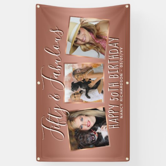 Moderne Roos Gold Photo Collage 50e verjaardag Spandoek (Verticaal)