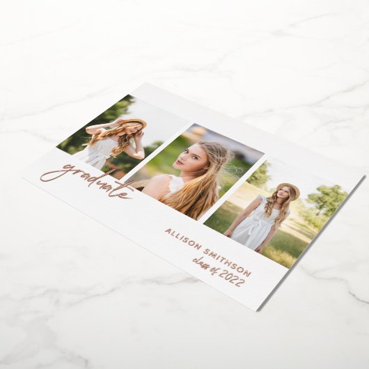 Moderne Roos Gold Photo Collage Afstuderen Folie Uitnodiging (Gedraaid)